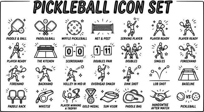 Pickleball Icon Set: Black and White Line Art Glyphs of Players, Equipment, and Game Elements for Sports and Recreation