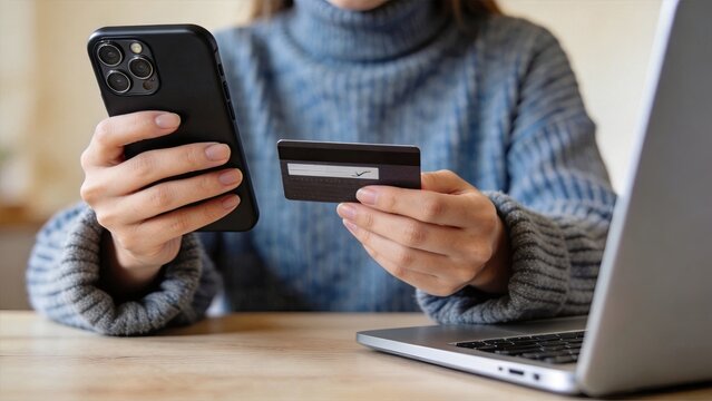 Woman holding credit card and smartphone while shopping online near laptop computer illustrating secure payment method e-commerce transaction and digital banking for internet