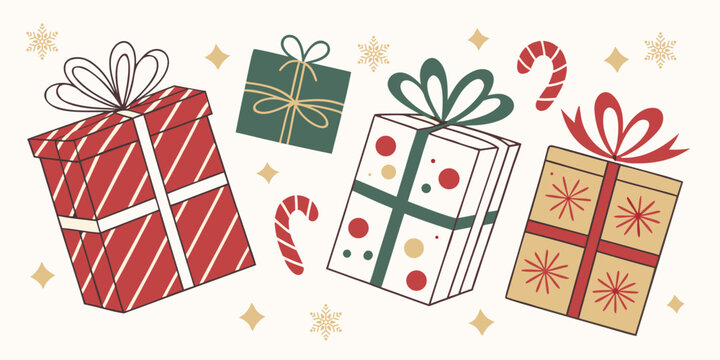 Hand drawn Christmas presents with candy canes and golden stars illustration