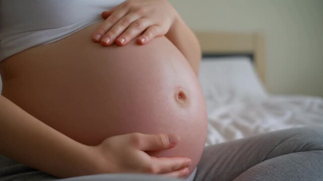 Close-up of pregnant woman's belly with gentle breathing