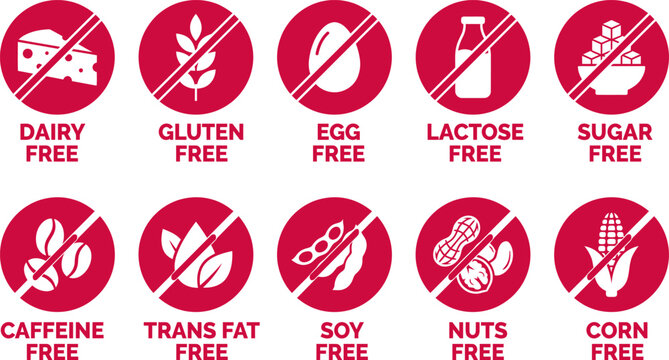 Set allergen free icons set. Allergen free products. Products warning symbols. Lactose, gluten, sugar free, corn, egg, trans fat, soy, nuts free, caffeine sign.