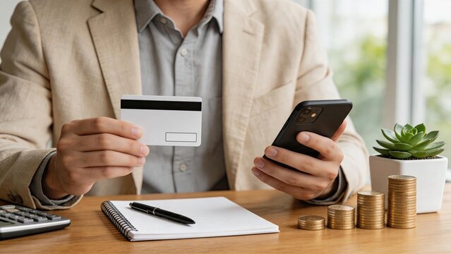Man holding credit card and smartphone, online shopping concept, digital payment transaction, ecommerce business, financial management, mobile banking app, secure checkout