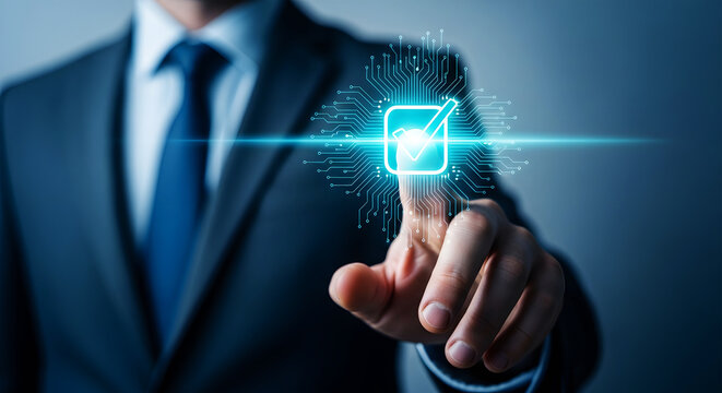 Businessman touching glowing digital checkmark on circuit board interface technology