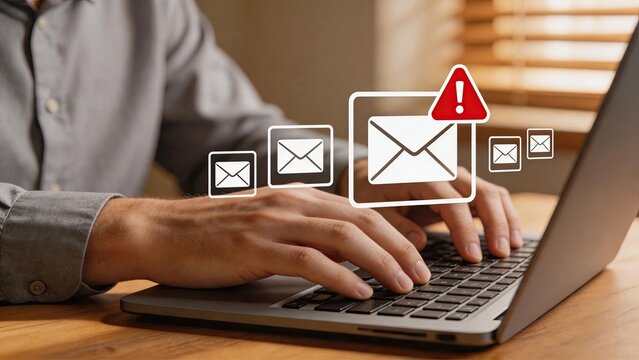 Urgent email alert notification on laptop screen, important message warning, inbox management, spam filter, cybersecurity threat, phishing scam awareness, digital communication,