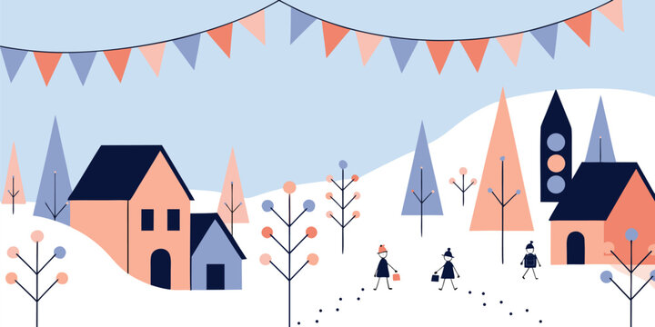 Winter landscape with cute houses and people walking in snowy village under festive flags in flat style