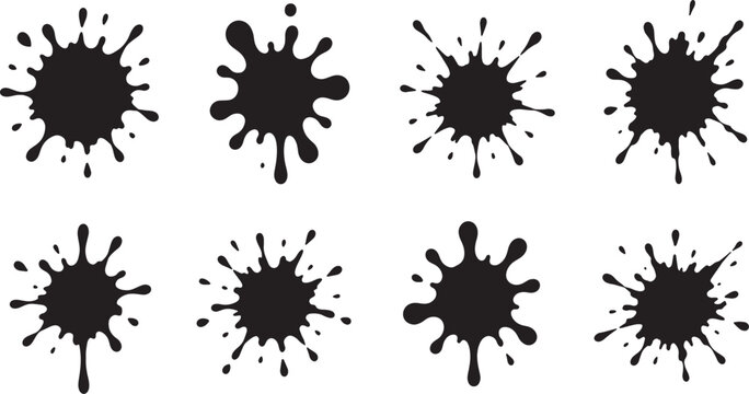 Eight black ink splatter shapes, dynamic liquid drops and blobs on white background, also transparent background