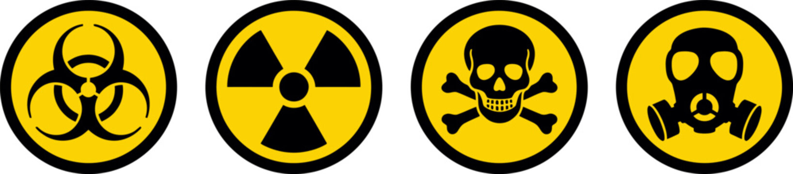 Set hazard danger yellow vector signs. Radiation sign, Biohazard sign, Toxic sign, Gas mask.