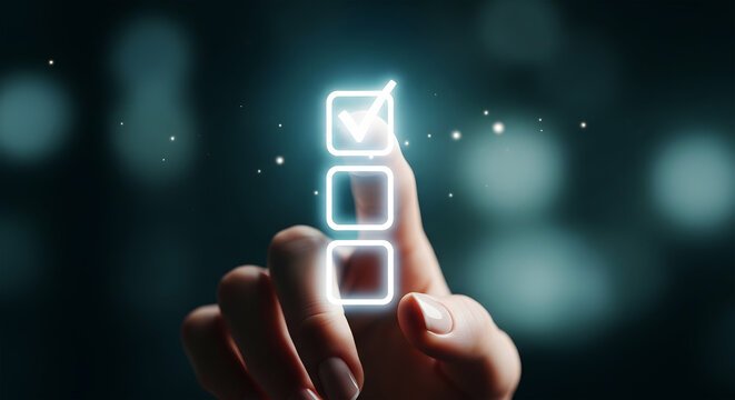Finger touching glowing checklist with checkmark on dark background image