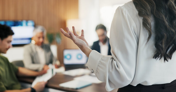 Hand, presentation and business people at office meeting, charts or insight at finance company. Person, speaker and staff in boardroom for pitch, feedback and problem solving with documents at agency