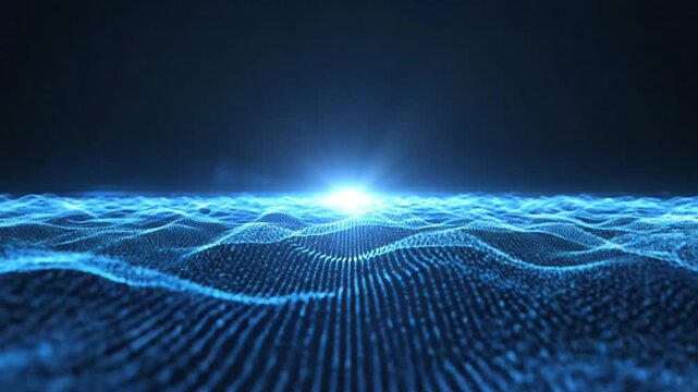 Abstract Matrix Horizon view of glowing blue digital particle waves with a bright lens flare