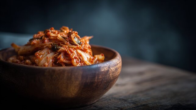 Korean food kimchi fermented cabbage spicy Korean cuisine probiotic dish rustic bowl traditional Korean side dish texture detail moody lighting minimal background