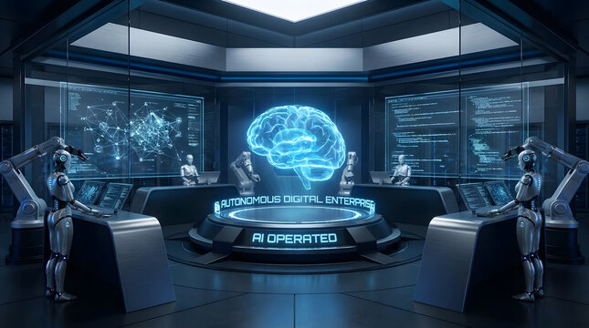 Futuristic AI command center with robotic workers and holographic brain display