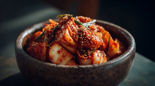 Korean food kimchi fermented cabbage spicy Korean cuisine probiotic dish rustic bowl traditional Korean side dish texture detail moody lighting minimal background