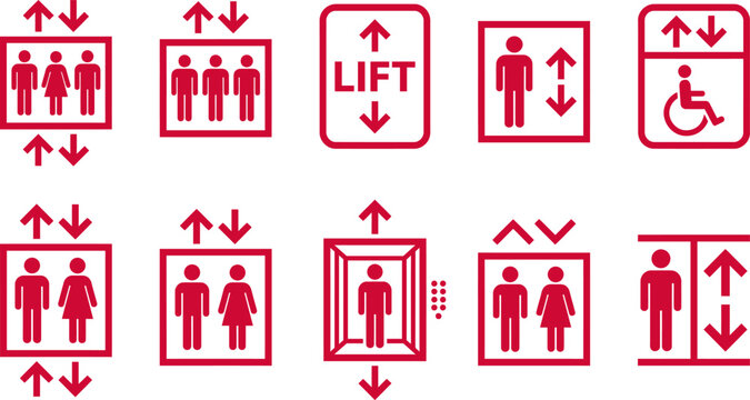 Elevator and lift sign icon set. Toilet icons set. Men and women restroom icon sign right arrow. Disabled wheelchair icon. Vector Illustration.