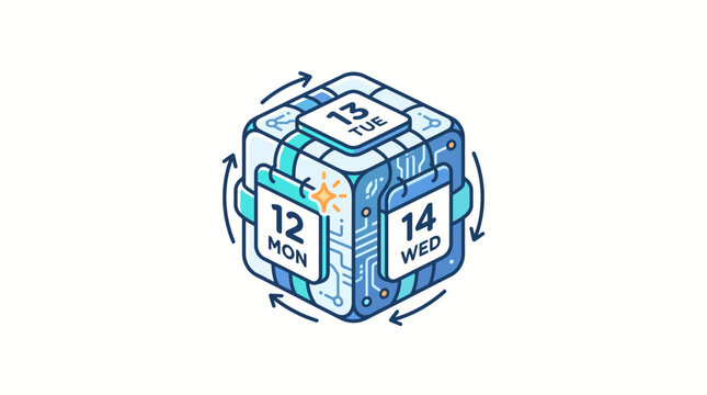Rotating calendar cube with dates.