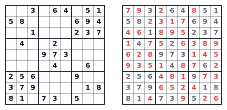 Classic medium Sudoku puzzle (v2) grids with solutions highlighted in red  
