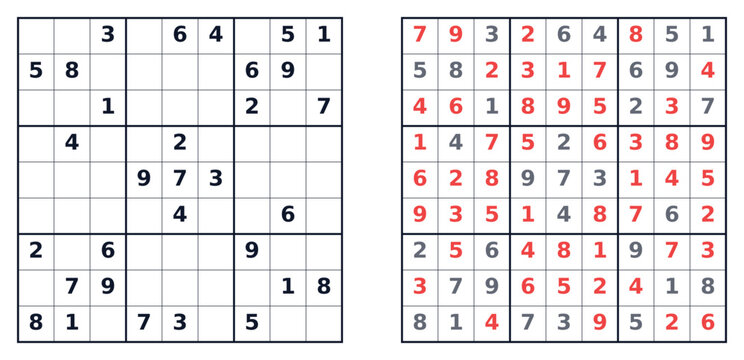 Classic hard Sudoku puzzle (v2) grids with solutions highlighted in red  