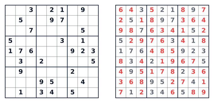 Classic hard Sudoku puzzle (v3) grids with solutions highlighted in red 