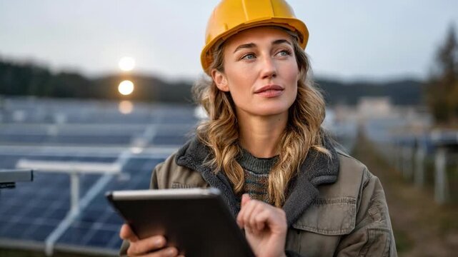 Solar Power Engineer with Tablet: A determined female engineer wearing a yellow hard hat holds a tablet, standing in front of a vast array of solar panels.