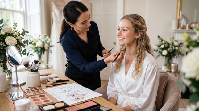 Professional bridal makeup trial scene featuring artist testing colors and planning natural wedding look with client before special event.