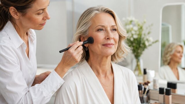 Professional bridal makeup trial scene featuring artist testing colors and planning natural wedding look with client before special event.