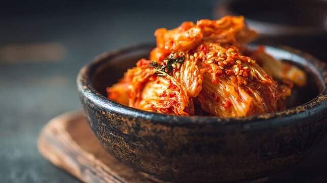 Korean food kimchi fermented cabbage spicy Korean cuisine probiotic dish rustic bowl traditional Korean side dish texture detail moody lighting minimal background