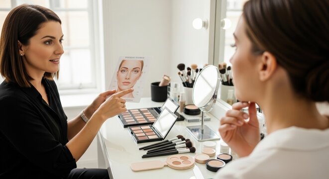 Bridal makeup artist consultation with bride-to-be, showing shade matching, face chart, mirror and wedding beauty preparation in realistic studio.