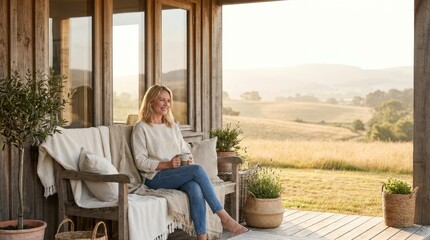 Fototapeta premium Woman enjoying a peaceful morning coffee on a rustic wooden porch with a scenic view