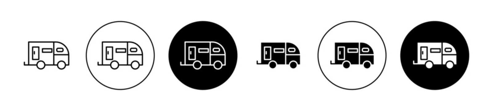 Caravan trailer icons set in black and blue colors on white background