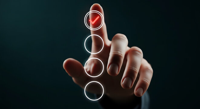 Human finger touching glowing red checkmark in circle on dark background hand