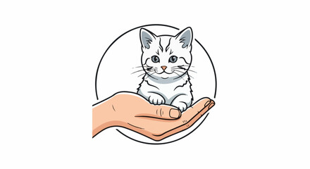 Fototapeta premium A cute, stylized white kitten with grey stripes sits in an open palm