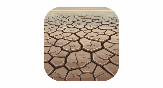 A cracked, dry earth landscape stretches towards a hazy horizon under muted skies