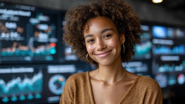 Confident Professional in Data-Rich Environment: A smiling woman with curly hair stands confidently in front of multiple screens displaying complex data and charts.