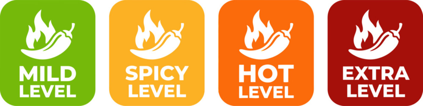 Red Chili Peppers Fire Flames icon. Chili mild level, spicy level, hot level, extra level Label. Hot Spicy green, yellow, orange icons. Logo Spicy. Extra chilli badge. Hand drawn. Vector illustration.