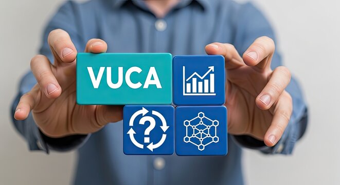 Person holding VUCA blocks representing volatility, uncertainty, complexity, and ambiguity in business and management