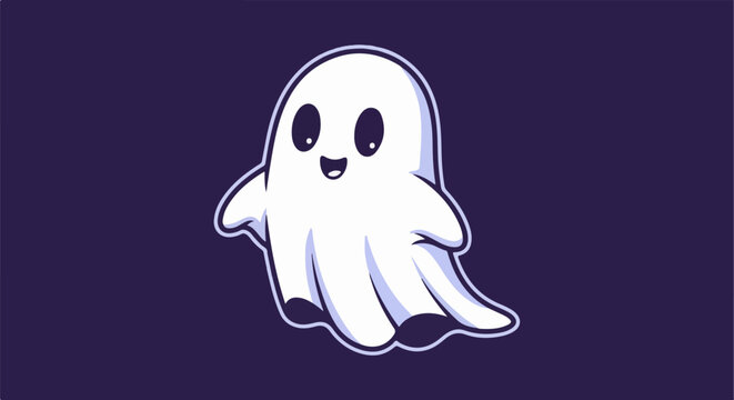 A cute, cartoonish white ghost with big black eyes and a wide smile floats on a purple background