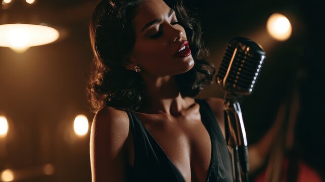 Elegant jazz singer performing with vintage microphone on stage