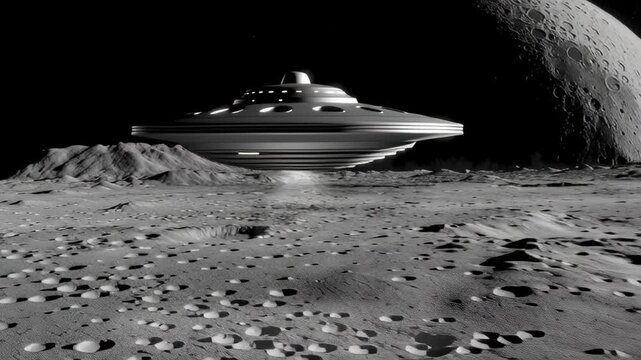 Unidentified flying object with an active beam of light slowly descending onto a barren, rocky moon surface under the dark expanse of space, with a giant planet creating a dramatic backdrop