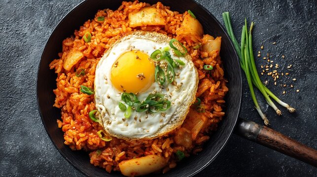 Korean food kimchi fried rice Korean cuisine spicy rice egg scallion crispy texture wok style minimal composition top view clean background