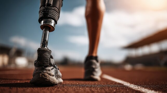 disabled athlete runner on prosthetic leg on track of stadium