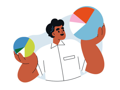 Data comparison, statistics and business analytics concept. Man comparing information with pie charts, diagram analysis. Showing schemes, report. Flat vector illustration isolated on white background