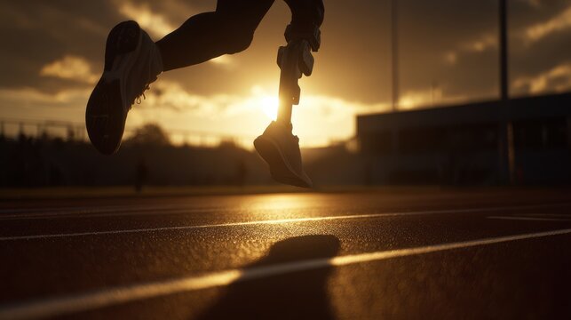 disabled athlete runner on prosthetic leg on track of stadium