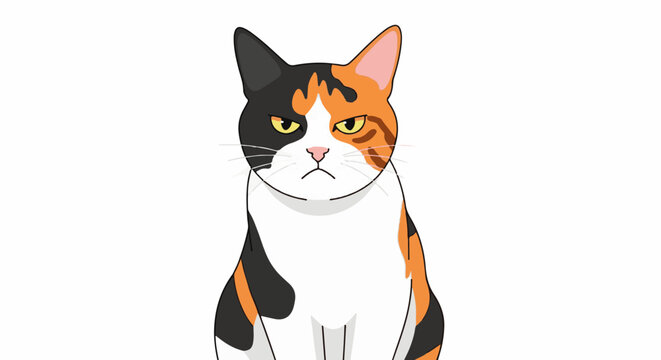 A calico cat sits looking forward with a grumpy expression and yellow eyes