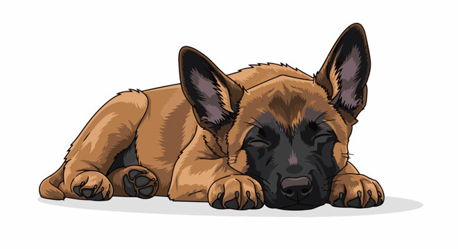 A brown and black puppy with large ears sleeps peacefully on a white background, paws tucked in