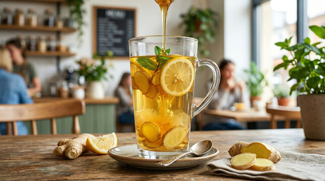 Pouring liquid honey into glass mug of hot ginger lemon tea with mint in cozy cafe background