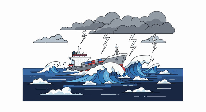 A cargo ship navigates rough seas under a stormy sky with lightning strikes