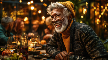 Fototapeta premium Happy senior man smiling restaurant dinner father day dad daddy Laughing senior man restaurant dinner during father day with dad and daddy mood