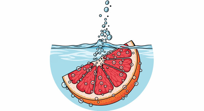 A bright pink citrus slice with orange rind submerged in bubbly blue water
