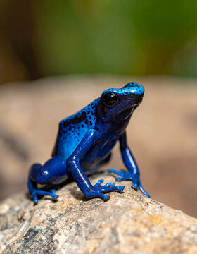 Portrait of blue jeans frog sitting on stone, natural blurred backdrop, vibrant colors, wildlife concept. Close-up.