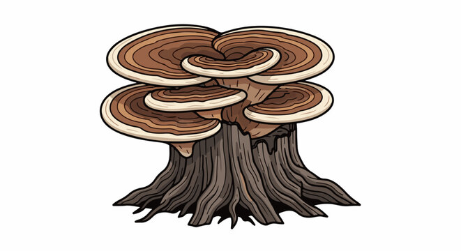 A cluster of reishi mushrooms grows on a weathered tree stump